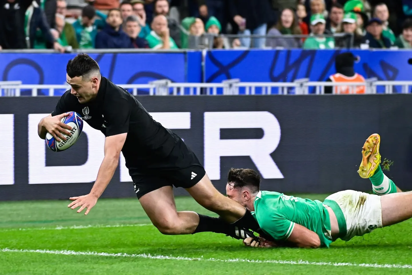 Will Jordan scores a try against Ireland during the 2023 Rugby World Cup. Photo / Photosport