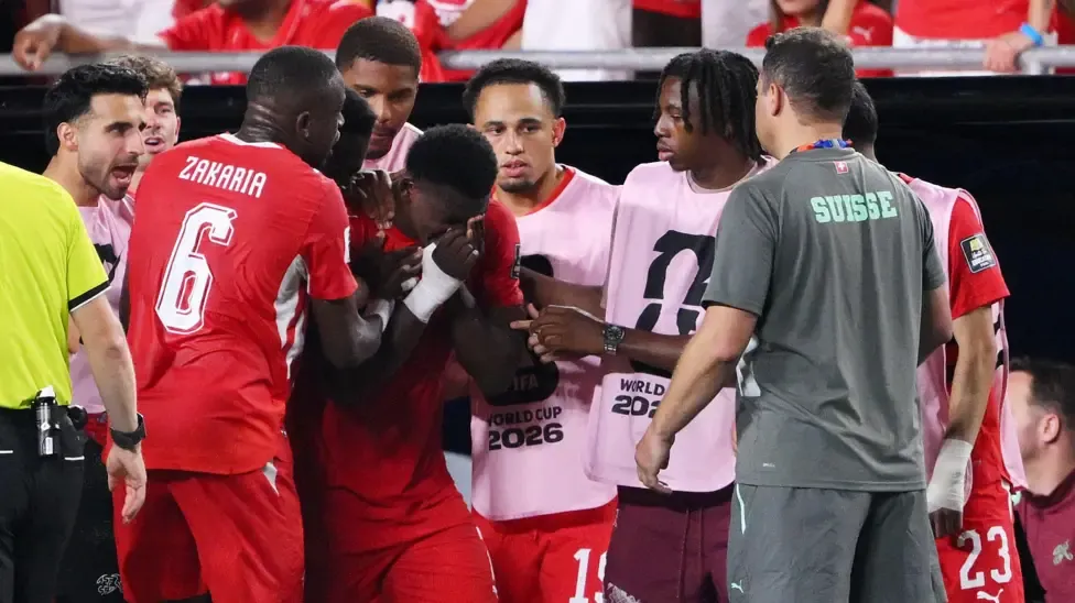 Switzerland striker Breel Embolo in tears after being sent off